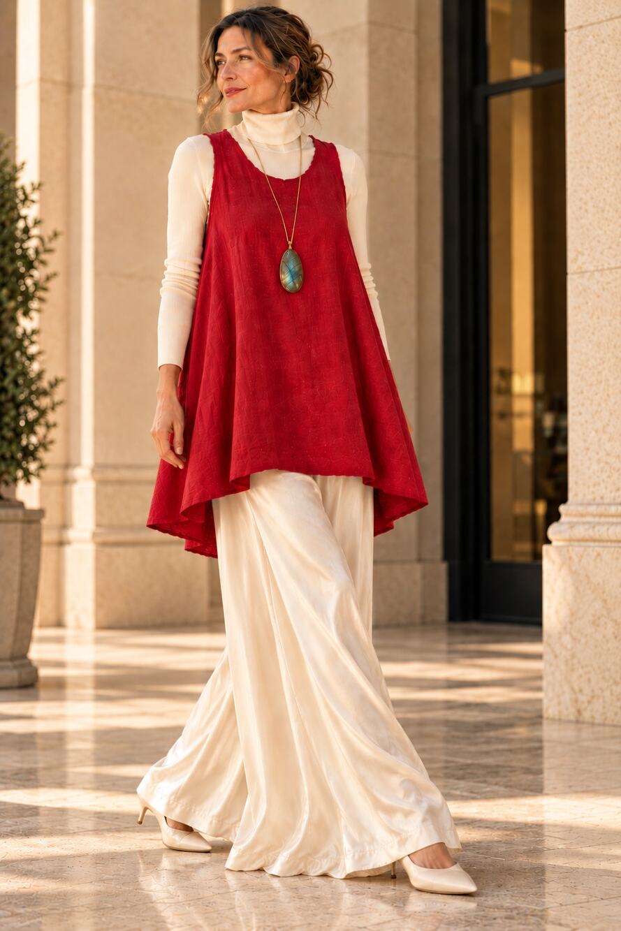 100% Linen Heavyweight Tunic Dress M Crimson Asymmetrical Boho Handmade Layering